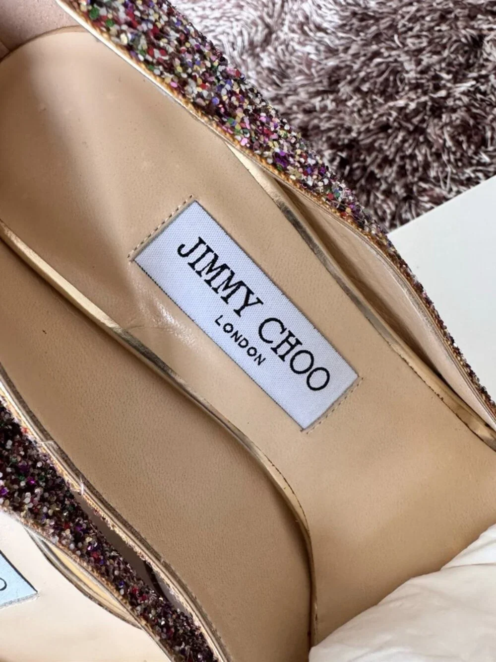 Jimmy Choo Glitter Golden Multi Wedge Pump Peep Toe Leather Women's Heels - Picture 5 of 7
